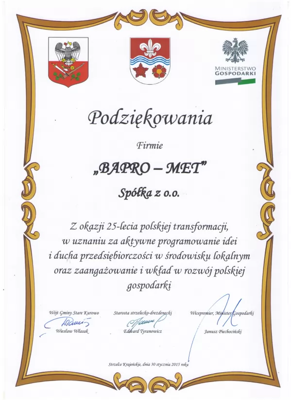Podziękowanie Ministerstwa Gospodarki dla Bapro-Met Sp. z o.o.